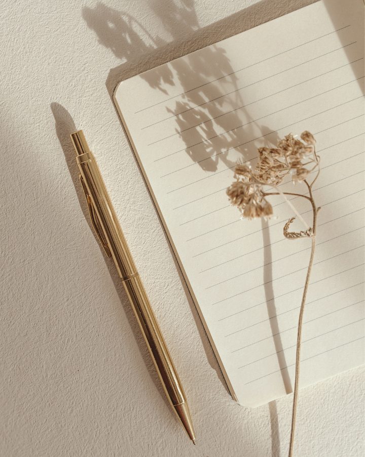 Notizblock mit goldenem Stift, Trockenblume und Schattenspiel